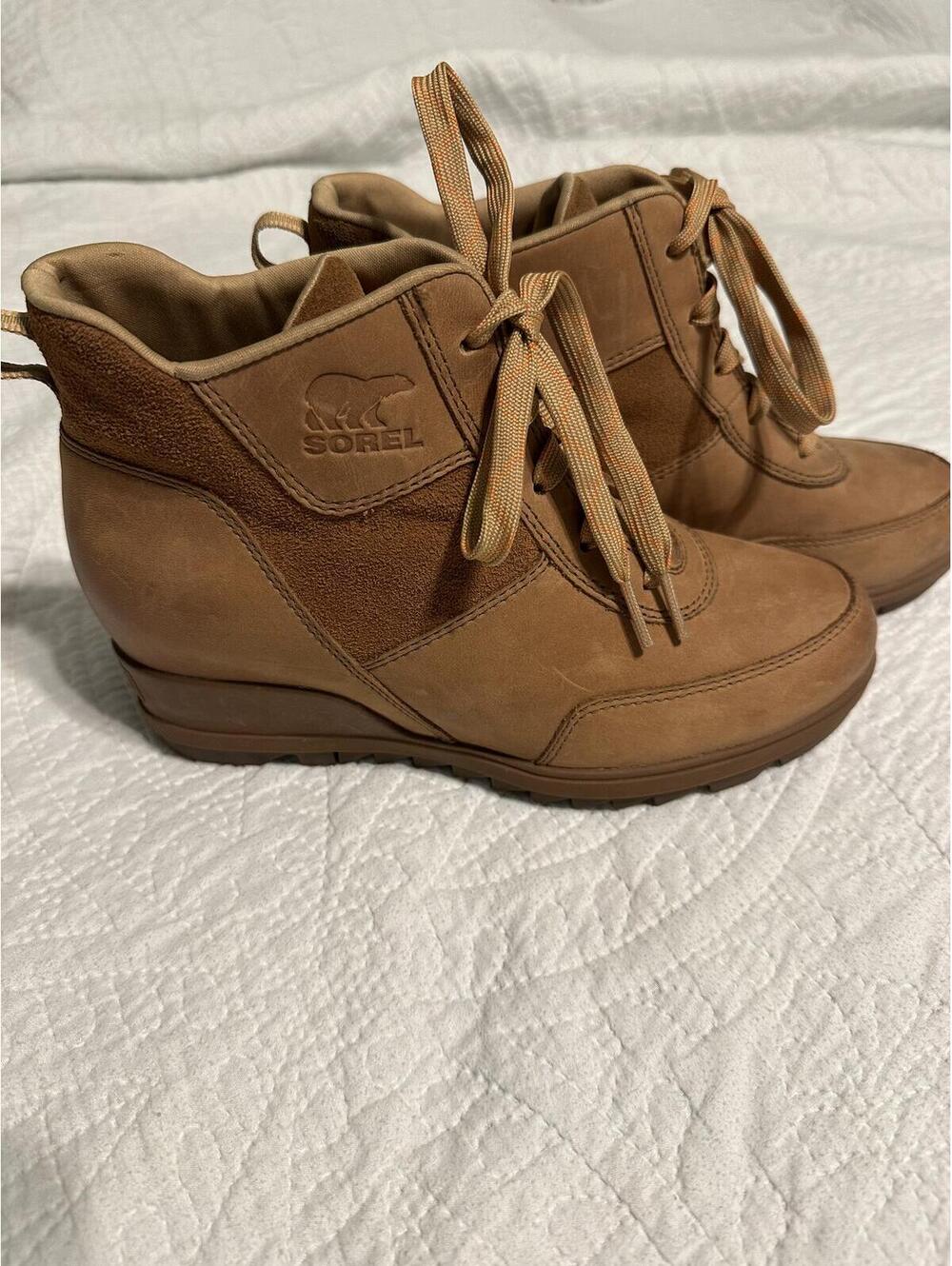 Sorel Evie Sport Lace-Up Waterproof Wedge Booties - Tan - Size 7